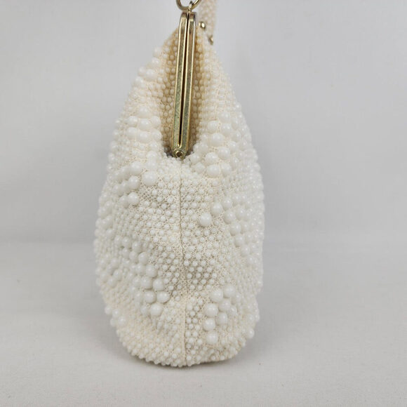 Vintage Hong Kong White Beaded Kiss Close Purse - Picture 2 of 10